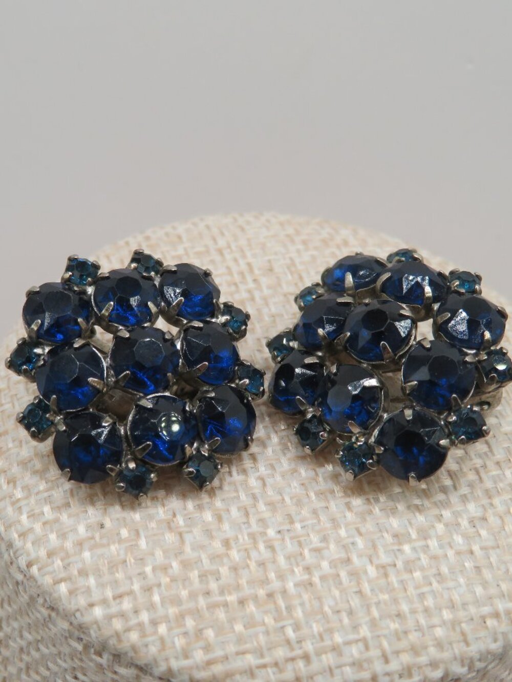 Vintage Dark Blue Rhinestone Cluster Clip-on Earrings